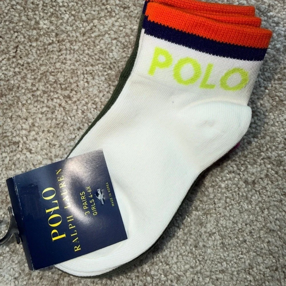 Polo Ralph Lauren Girls 3 Pack Ankle Socks White Pink Green Size 4-6X